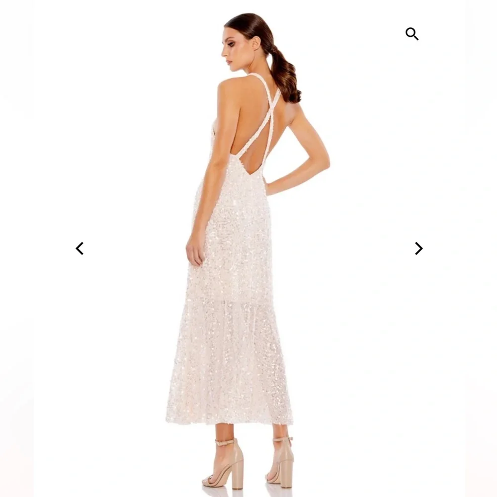 Mac Duggal V-NECK SEQUINED HALTER MIDI DRESS - Picture 2 of 5